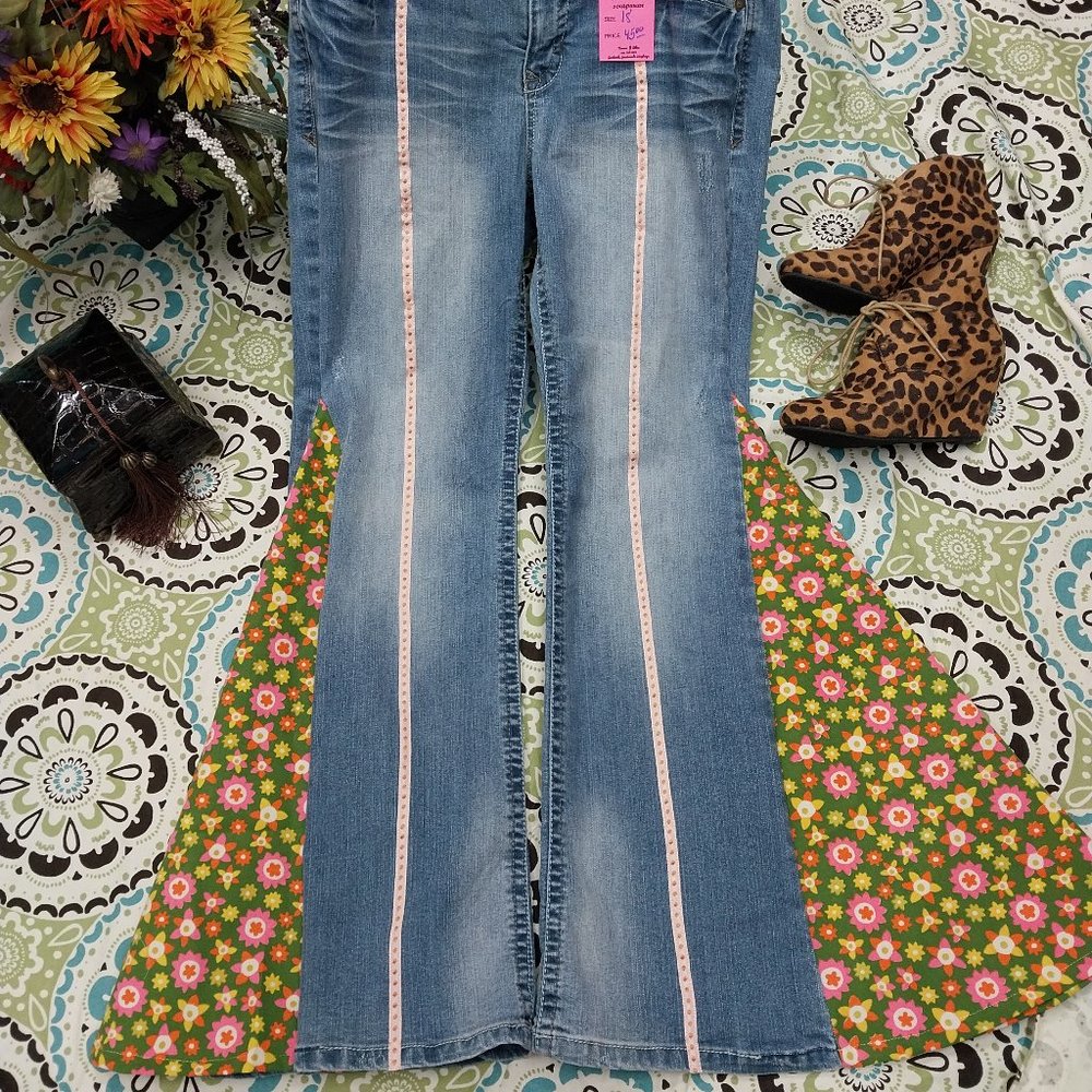 2596 Size 18 Wall Flower Stretch Upcycled Pink and Green Bell-Bottoms